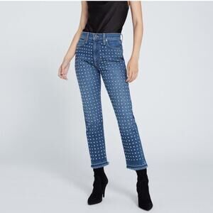 Alice + Olivia 24 High Rise Slim Girlfriend Studded Jeans Homebound Wash Ret$395